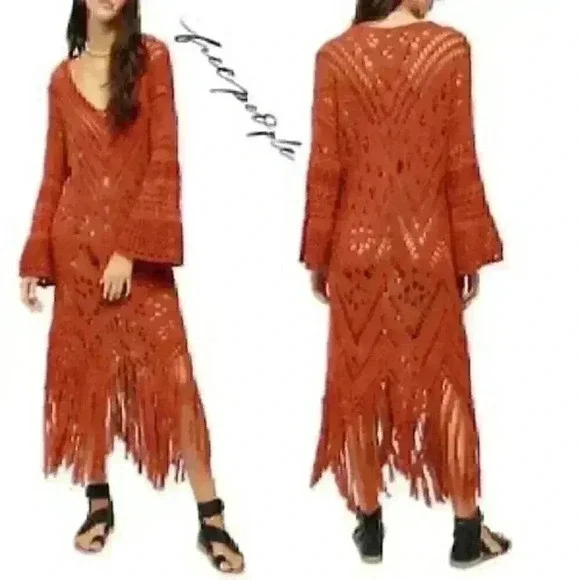 Free People NWT Autumn Constellation Mars Fringe Knit Crochet Sweater Dress XS - Picture 11 of 13